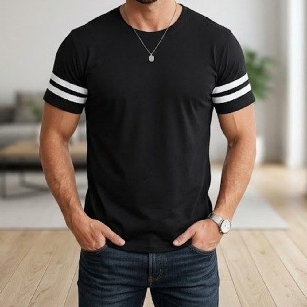 Royal Avalon Mens XL Black Cotton‎ T-Shirt Striped Sleeve Football Jersey Style